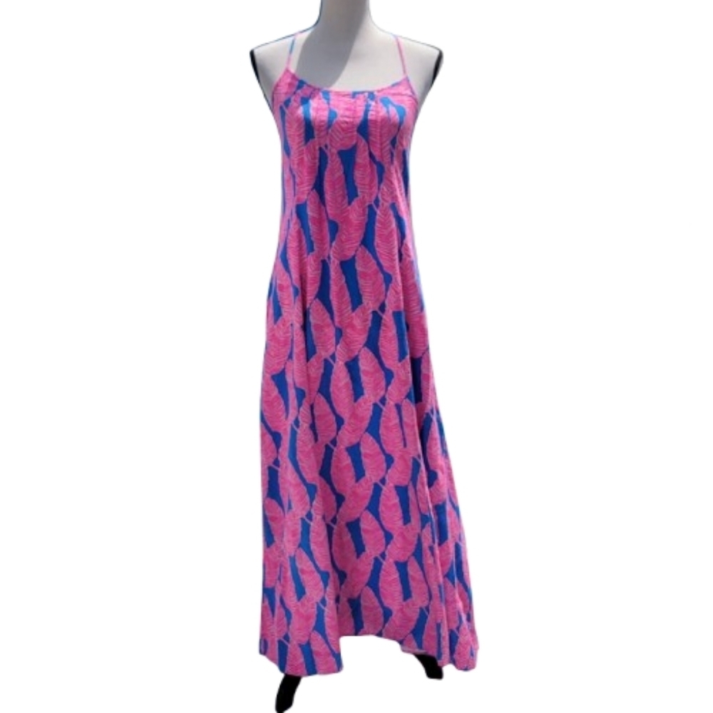 Vineyard Vines, Blue, Pink & White Palm Leaf Pattern Maxi Dress, Sleeveless